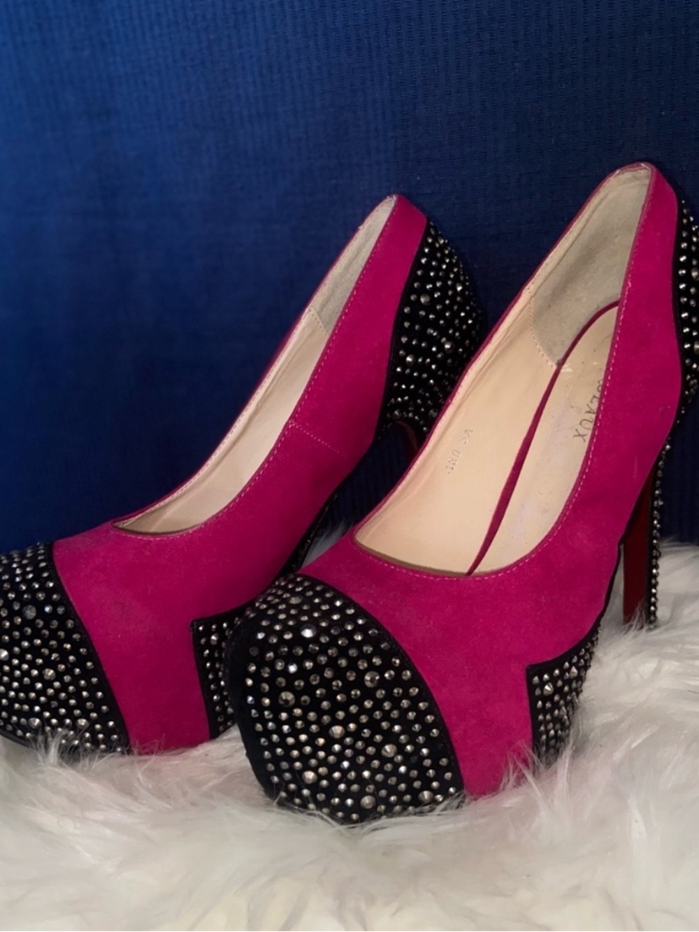 Fuchsia Suede Platform Pumps with Black Studded Accents